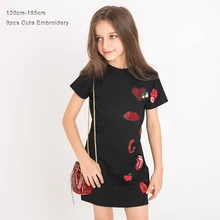 Mode D’été Filles Robe À Paillettes Noir Couleur À Manches Courtes 100% coton Enfants Filles Robe Longue T-shirt pour Adolescente 120-165