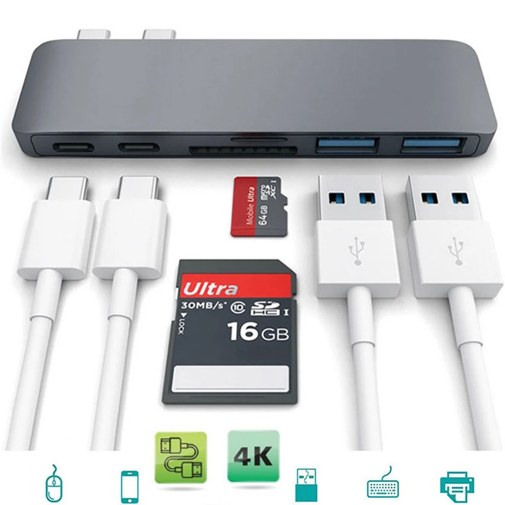 Dual Type C HUB USB Adapter 6 in 1 Charger Card Reader USB Hub 3.0 Type-C Charging hub Converter For Macbook Pro Mac PC Laptop