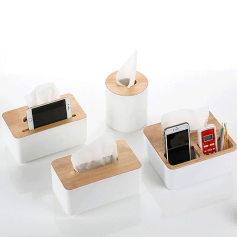 

Plastic + wood paper tissue box napkin holder paper towel storage box Table Sundries remote control Container makeup Organizer