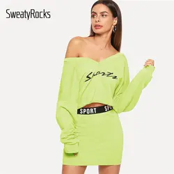 SweatyRocks двойной v-образный вырез пуловер с надписями и облегающая юбка с длинными рукавами сексуальный комплект из двух частей 2019 Для женщин