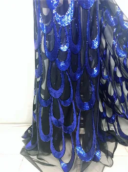 

Royal Blue Sequined Embroidered Mesh Tulle Lace Fabric 2019 New Design Evening Dress Net Fabrics French African Net Sequins Lace