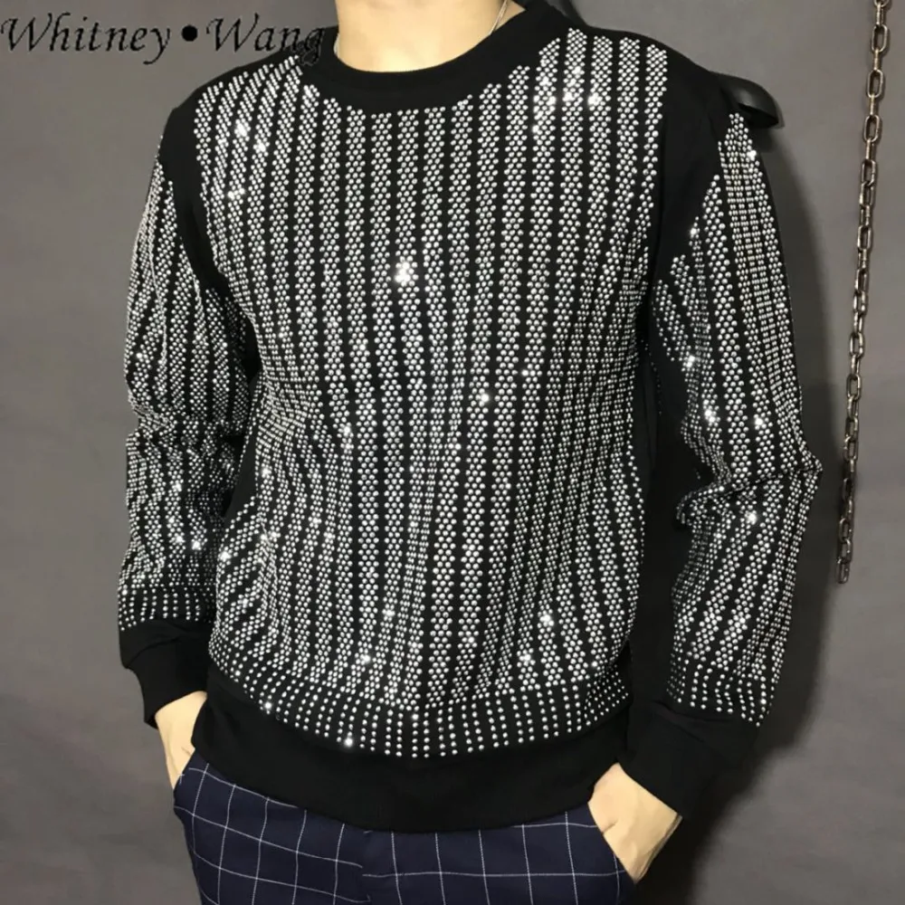 

WHITNEY WANG 2018 Autumn Winter Fashion High Street Style Rhinestone Sweatshrit Men Casual Hoodies Pullovers Sweatshirts