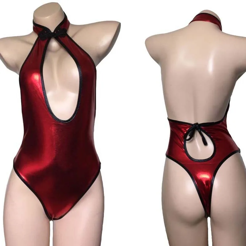 

Sexy Womens Shiny Metallic Leather Wet Look Hollow Out Leotard Bodysuit Mistress Fetish Wear Teddy Lingerie Chipao Costume