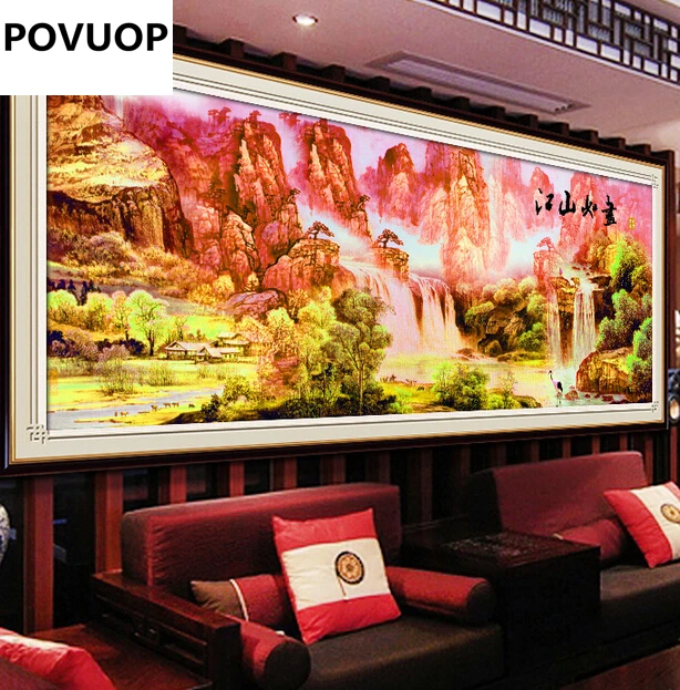 

POVUOP diamond embroidery 100X38cm full diamond embroidery Money flow DIY painting round diamond cross stitch