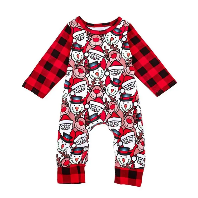 

Christmas Baby Rompers Plaid Cute Elk Print O-Neck Warm Cotton Jumpsuit