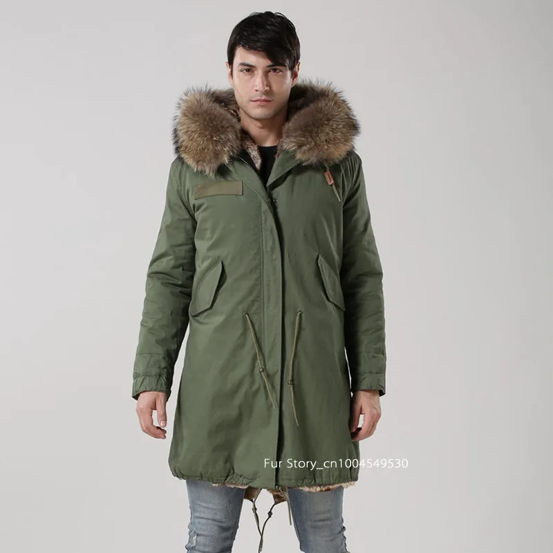 Men Parka Jacket Faux Fur Coat With Real Raccoon Fur