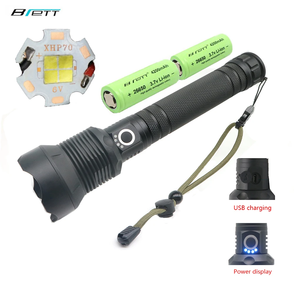 

Tactical flashlight led cree xhp70 Hard Light Power display USB charging Outdoor Shock Resistant Self Defense led zaklamp