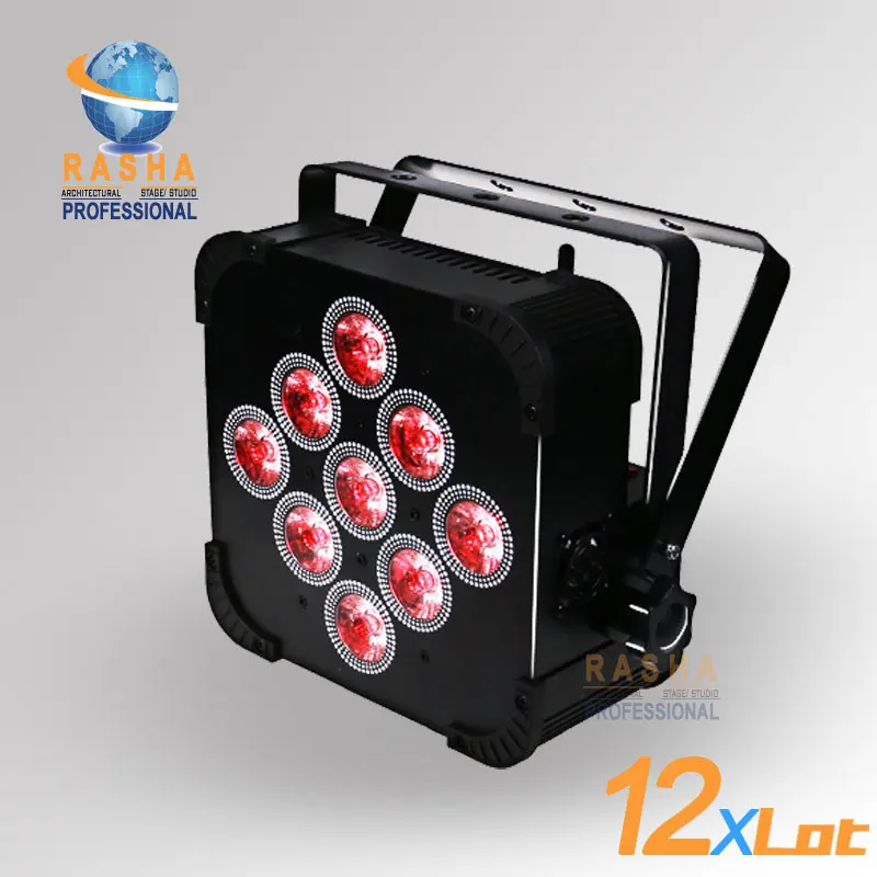 

12PCS/LOT-Rasha Hex 9pcs*18W 6IN1 RGBAW UV Battery Powered Wireless LED Flat Par Light, Slim Par Can With DMX IN&OUT