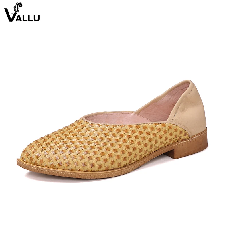 

Comfort Shoes Woman Real Cow Leather Female Flats Woven Round Toe Shallow Handmade Vintage 2018 Lady Flat Shoes
