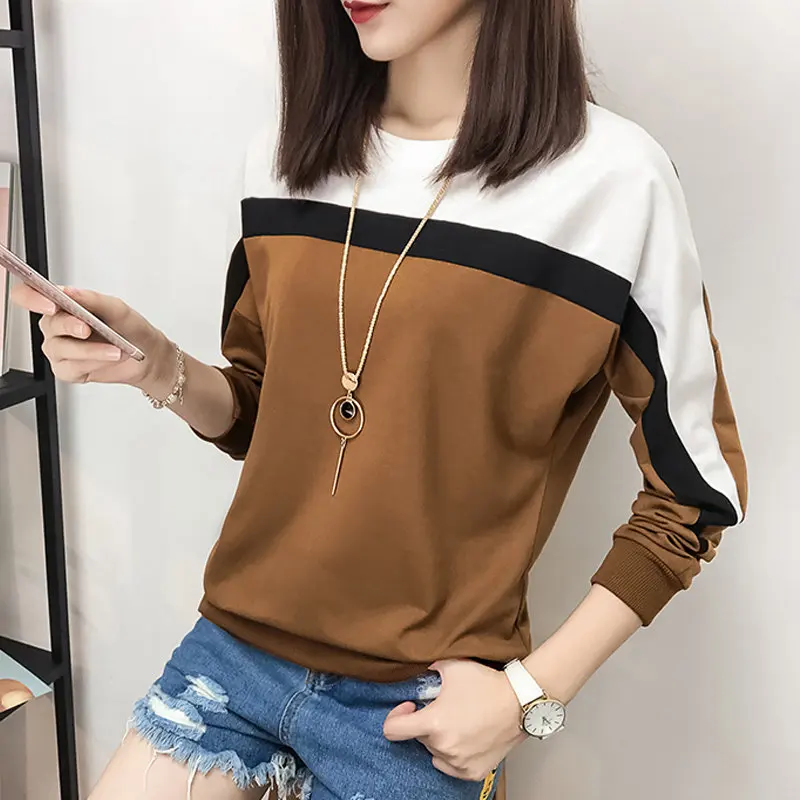 

Women T-shirt O-neck Patchwork Poleras Mujer Moda 2019 Casual Long Sleeve T shirt Women Tops Tee Shirt Femme Plus Size Tshirt