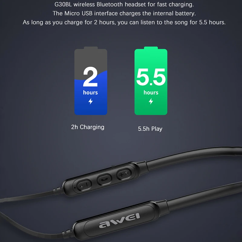 Bluetooth наушники AWEI G30BL с шейным ободом магнитные спортивные стереонаушники