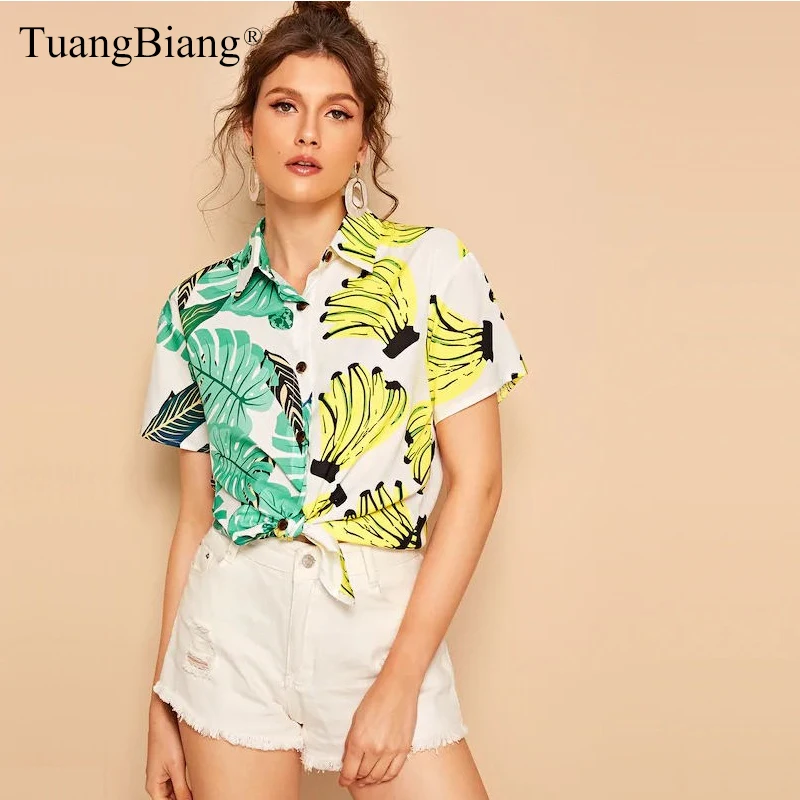 

Summer Beach Banana print Women Chiffon Shirts 2019 Short Sleeve Turn-down Collar Blouses Ladies contrast color Patchwork Tops