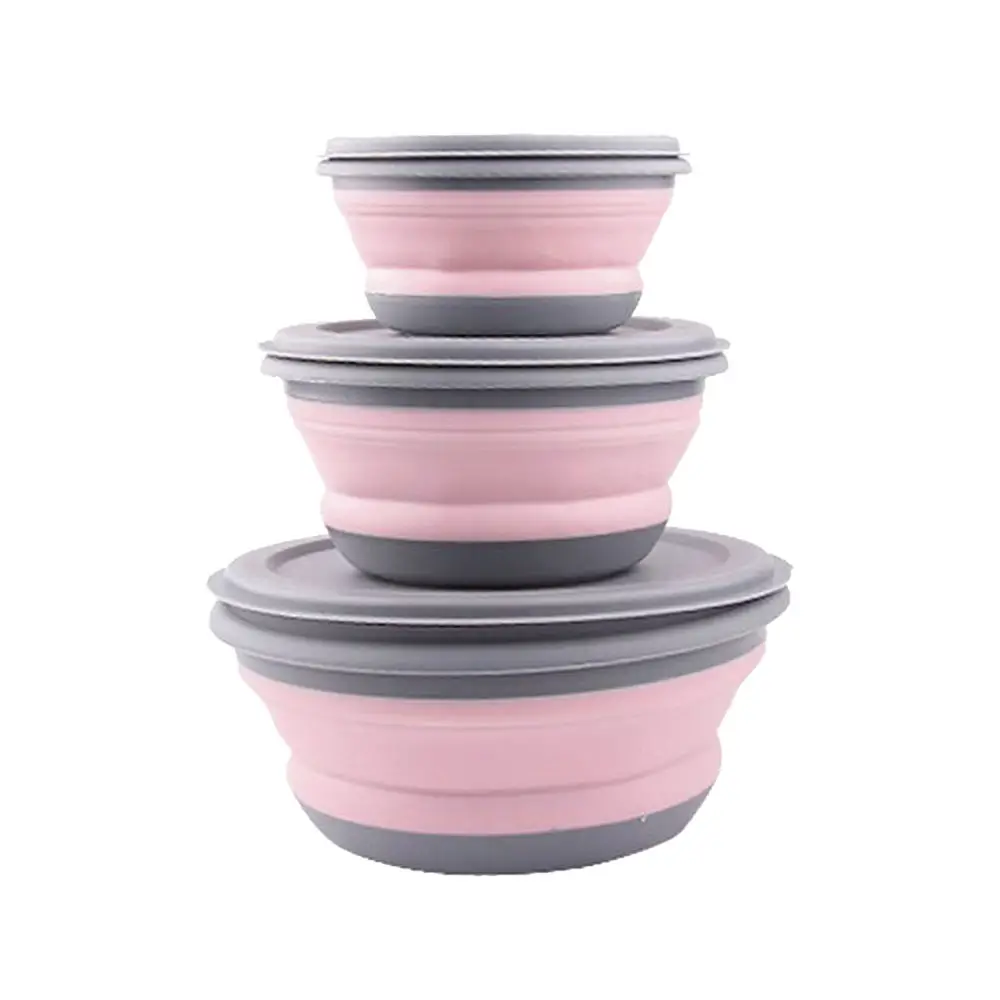 3 шт./набор, силиконовая чаша, складная коробка для бэнто, складной контейнер для еды, Складной Портативный Ланч-контейнер, коробка для посуды - Цвет: Розовый