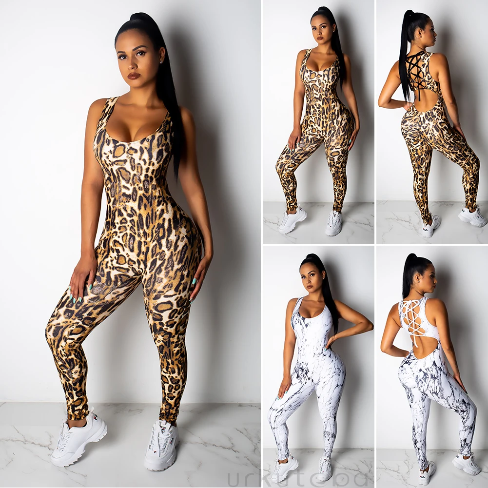 Sexy Leopard Print Women Sports Yoga Jumpsuit Sleeveless Backless Sport Bandage Rompers Set Sportswear Female Bodysuit Set