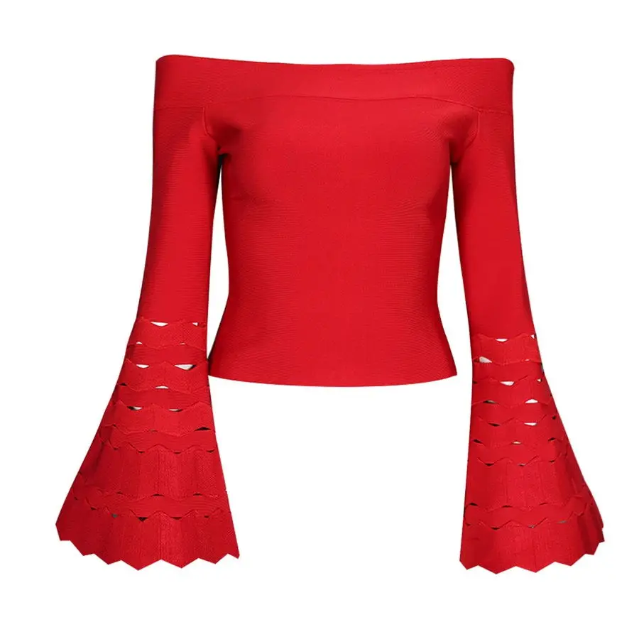 Топы с открытыми плечами для Для женщин сезон: весна–лето Новые поступления Flare Блузка с длинными рукавами женская обувь с полым каблуком элегантные блузки черный, красный - Цвет: Красный