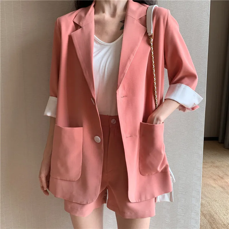 

TAOVK Summer OL Style Jacket Shorts Suits Single Button Blazer + High Waist Zipper Short Pant 2 Piece Set