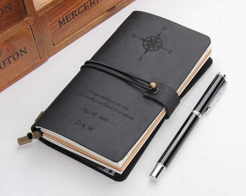Leather Journal Refillable Personalized Compass Travelers Notebook Travel Diary sketchbook Custom Text | Канцтовары для офиса и