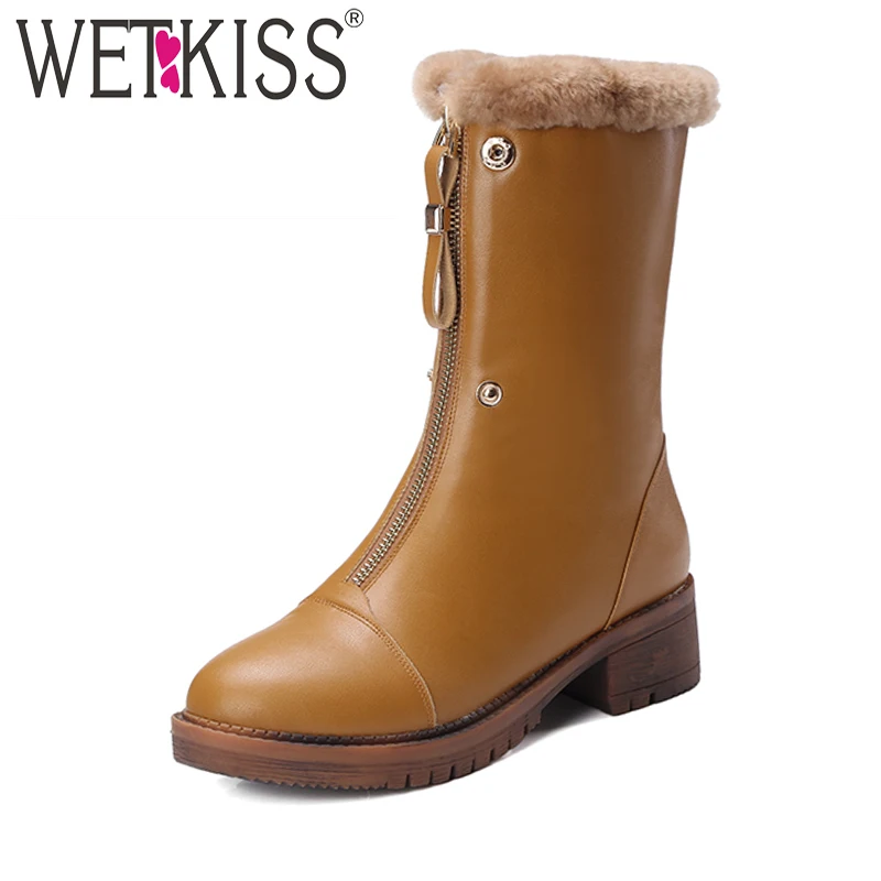 

WETKISS High Quality Fur Lining Snow Boots Winter Warm Front Zip Female Shoes Woman Genuine Leather Ankle Boots Square Heels