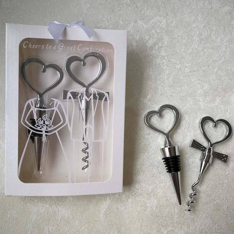

20pcs(10sets)/lot Heart Shape for combination Couple wine bottle opener and Stopper Sets Wedding Souvenirs Guests