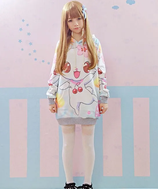 Милые зимние женские Лолита вишня кролик Kawaii Свободные худи Harajuku с длинным рукавом Топ тройник свободные Красочные Фея Кай