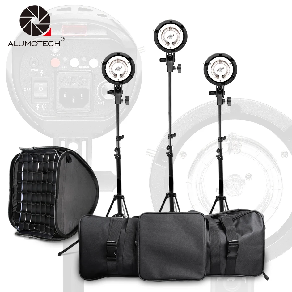 ALUMOTECH 5500K 255WX3 Bowens крепление плавное затемнение фонарик + StandX3 Softbox3 для студии видео
