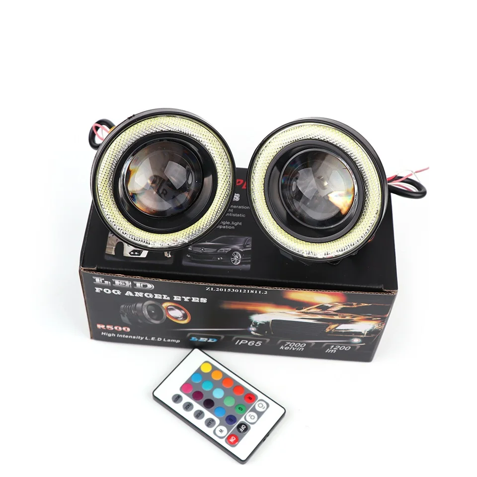 

KYLUMMY Car LED RGB Angel Eyes Fog Light Bulb R500 2.5/3.0/3.5 Inch DC12V 7000K DRL COB Fog Lamp with controller Car styling