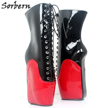 

Sorbern Black And Red Mid Calf Women Boots Heelless Ballet Wedge Boot Hoof Heelless Lace Up Fetish High Heel Boots Ladies Diy