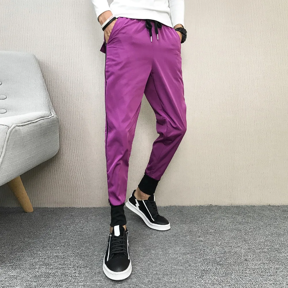Korean Style Men's Pant Ankle Length Side Zipper Stripe Casual Slim Fit