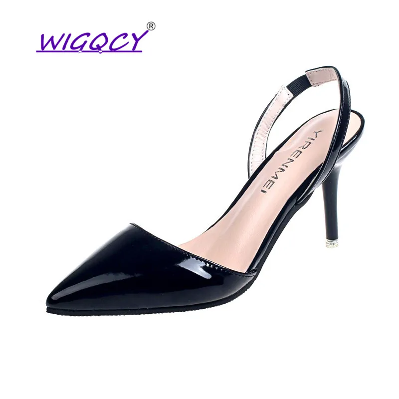 

Pointed Toe Leather Thin Heels High heels sandals women 2019 Summer Office Back Strap Shallow Elastic band Slip-On female shoes