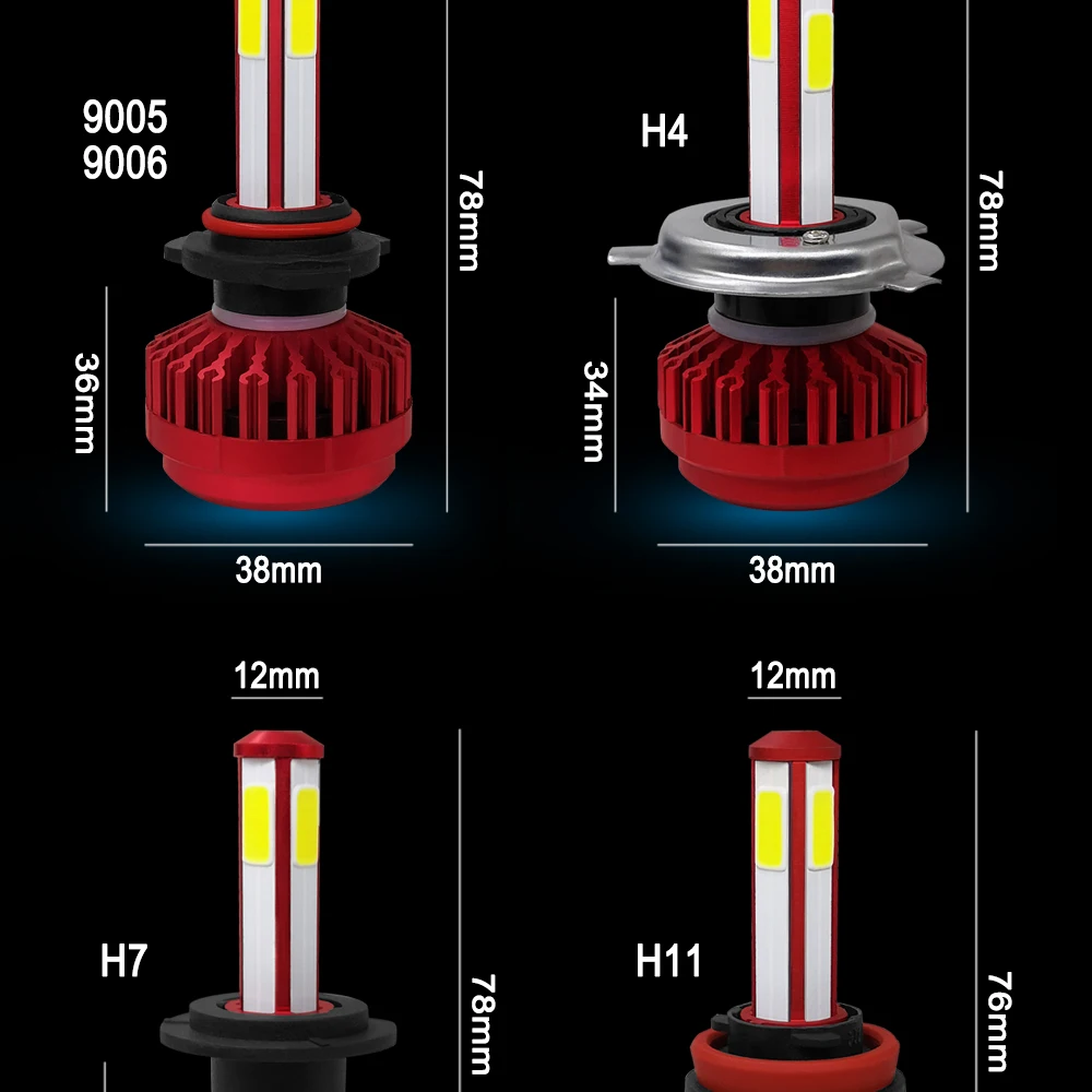 CROSSFOX автомобилей головной светильник светодиодный H4 9003 HB2 H8 H9 H11 9005 9006 HB3 HB4 H7 светодиодный Замена лампы светильник 6000K 8000Lm 12V 4 боковые лампы