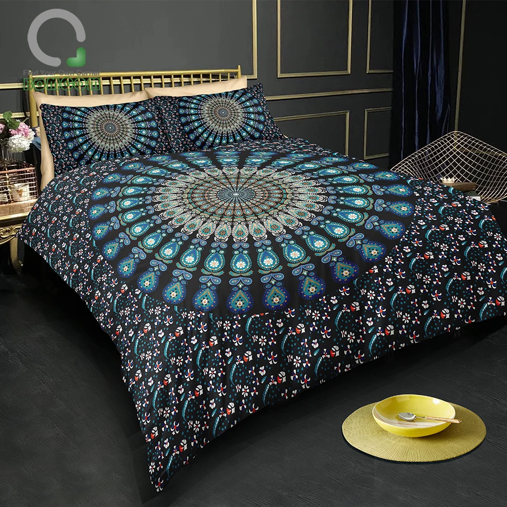 

BOMCOM 3D Digital Printing Round Bohemia Exotic Mandala Tapestry Reversible Duvet Cover Sets 100% Microfiber,Black
