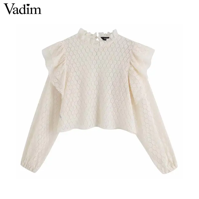 

Vadim women sweet ruffles crop tops long sleeve solid female casual beige blouses summer hollow out chic shirts blusas LB297