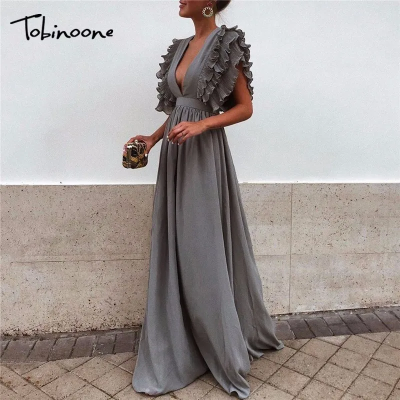 

Tobinoone Sexy Deep V Neck Maxi Dress Bodycon Backless Ruffles Design Spaghetti Strap Dress Skinny Long Night Club Party Dress