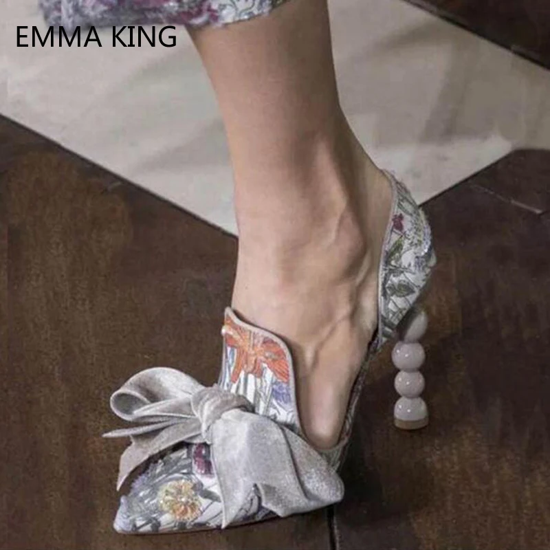 

Women Pumps Floral Prints Pointed Toe New Designer Shoes Women Shallow Pearl High Heels Bowtie Ladies Dress Party Runway Shoes