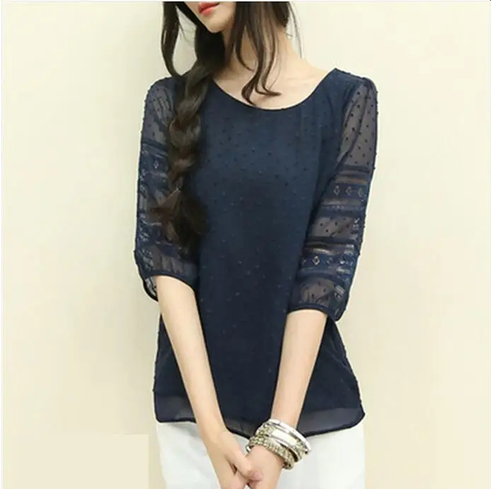

2018 Summer New Korean Women Blouses Five-point Sleeves Hollow Lace Large Size Chiffon Shirt Female Tops Lace Blouse