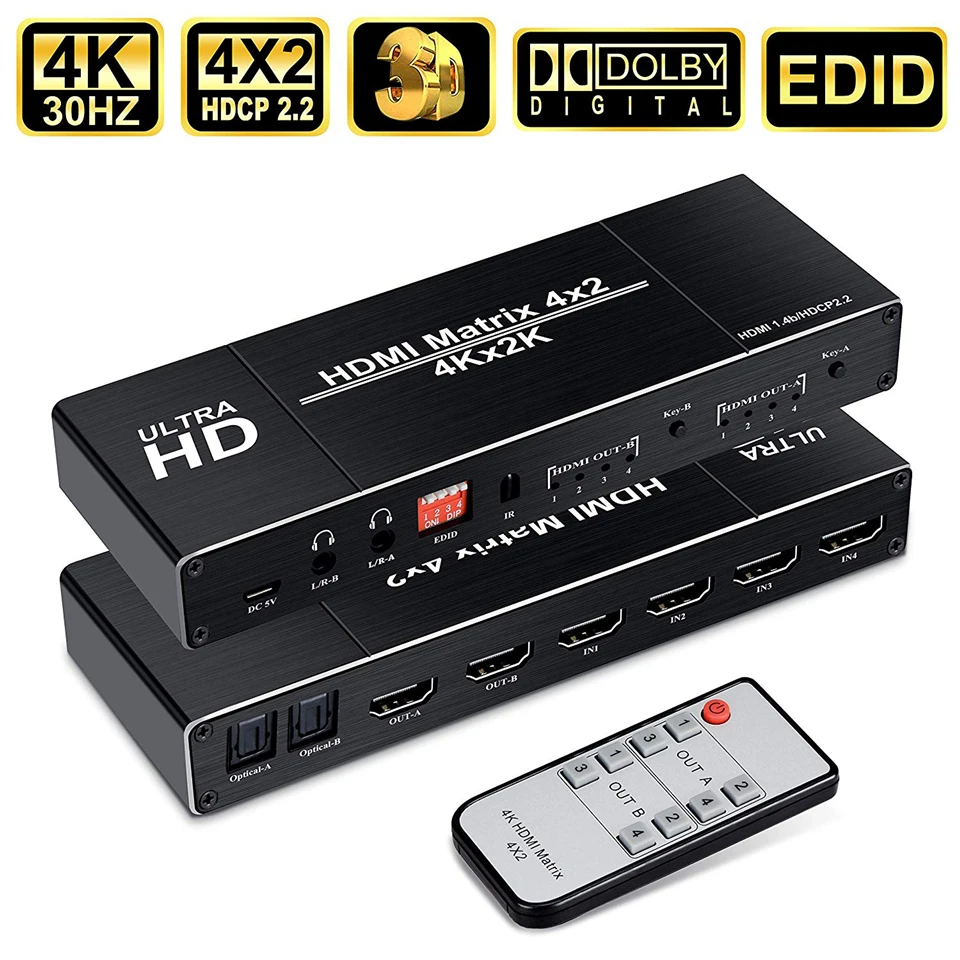 4K HDMI матричный 4x2 Переключатель сплиттер Поддержка HDCP 2,2 ИК пульт дистанционного управления HDMI коммутатор 4x2 Spdif 4K 30Hz HDMI 4x2 матричный переключатель