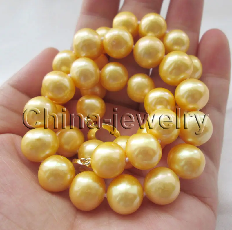 

Free shipping hot sale Women Bridal Wedding Jewelry >>17.5 " 12mm golden round freshwater pearl necklace
