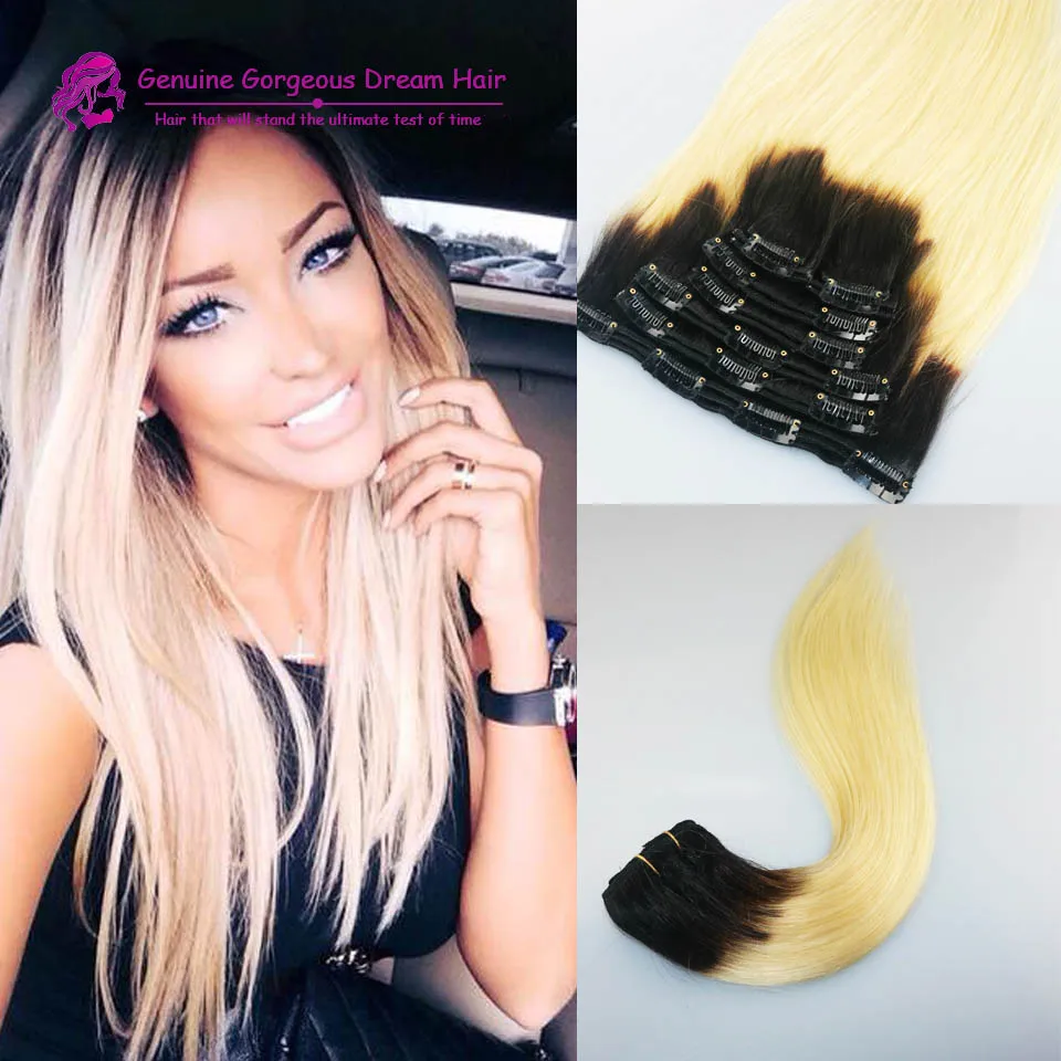 Full Set 1b 613 Blonde Ombre 100 Human Hair Clip In Extensions Two
