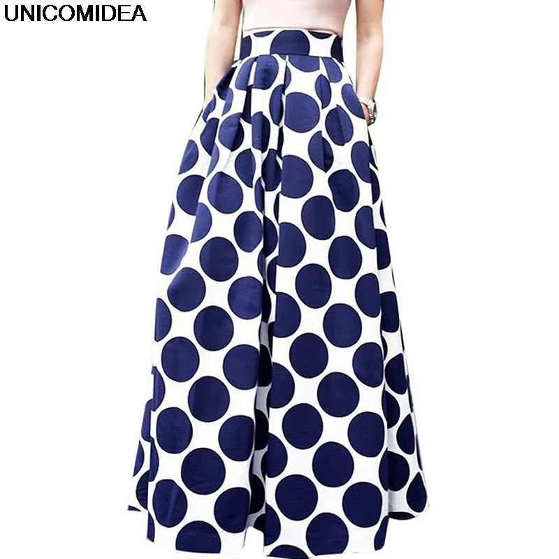 

2019 Long Skirts Women Blue Dot Printed Maxi Skirts Full Ball Grown Party Casual Summer High Waist Women Skirt Plus Size US 16