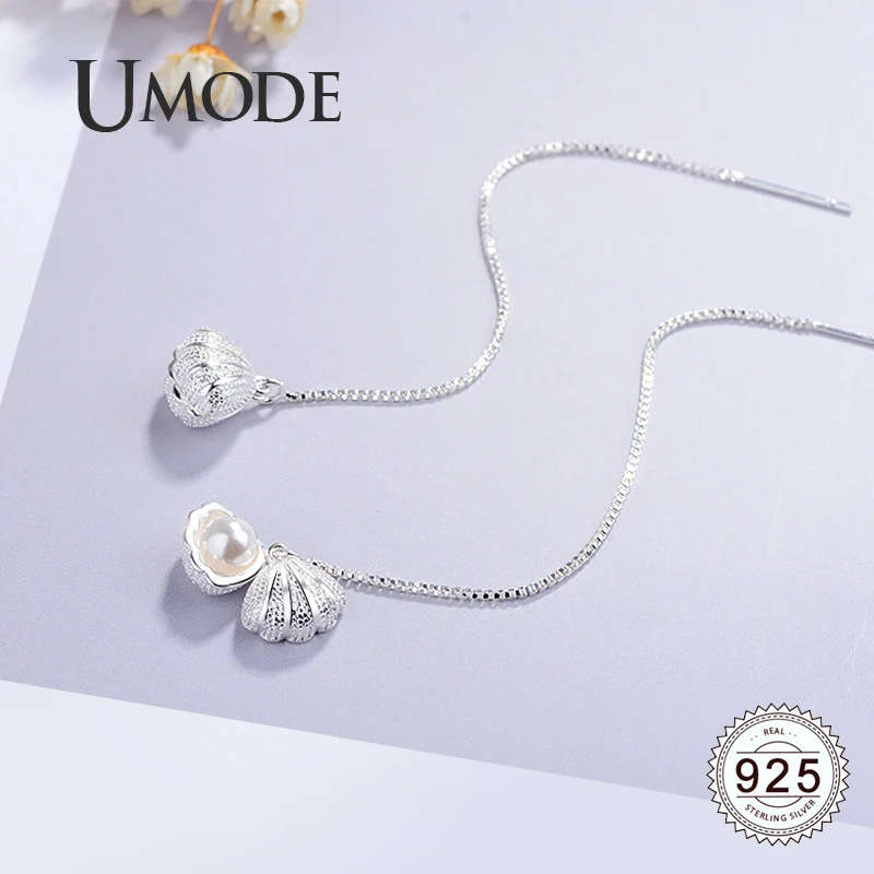 

UMODE Long Shell Pearl Earing 925 Sterling Silver Drop Earrings Chain Wedding Fashion Luxury Dangle Jewelry for Women LE0611