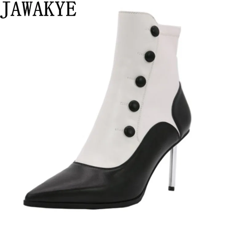 

Elegant White Black Stiletto metal High Heel Leather Boots Button Embellilshed Pointed Toe Ankle Botas Formal Dress Shoes Women