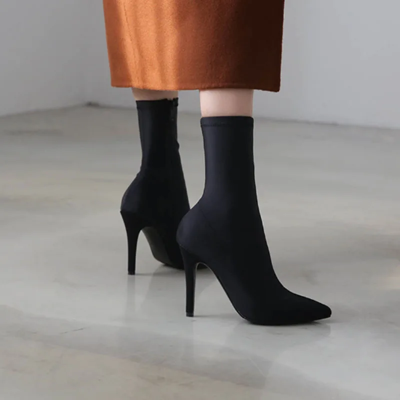 Stretch socks Female boots Knitted socks Skinny boots Fine heel Mid boots Booties Women's pointed autumn and winter bare boots