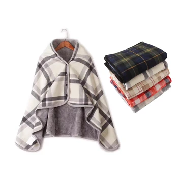 

Fashion Plaid flannel+polar fleece blanket Warm lazy shaw shawl blanket With button Home Office legs knee knitting towel poncho