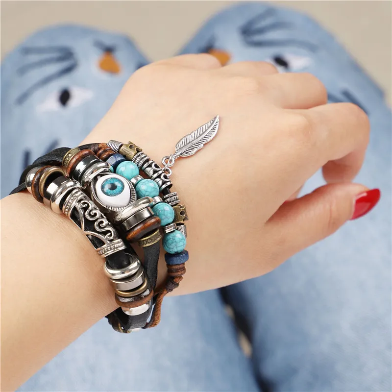 

Vintage Blue Stone Feather Multilayer Leather Bracelet Eye Charms Beads Bracelets Men Women Vintage Punk Wrap Wristband Jewelry