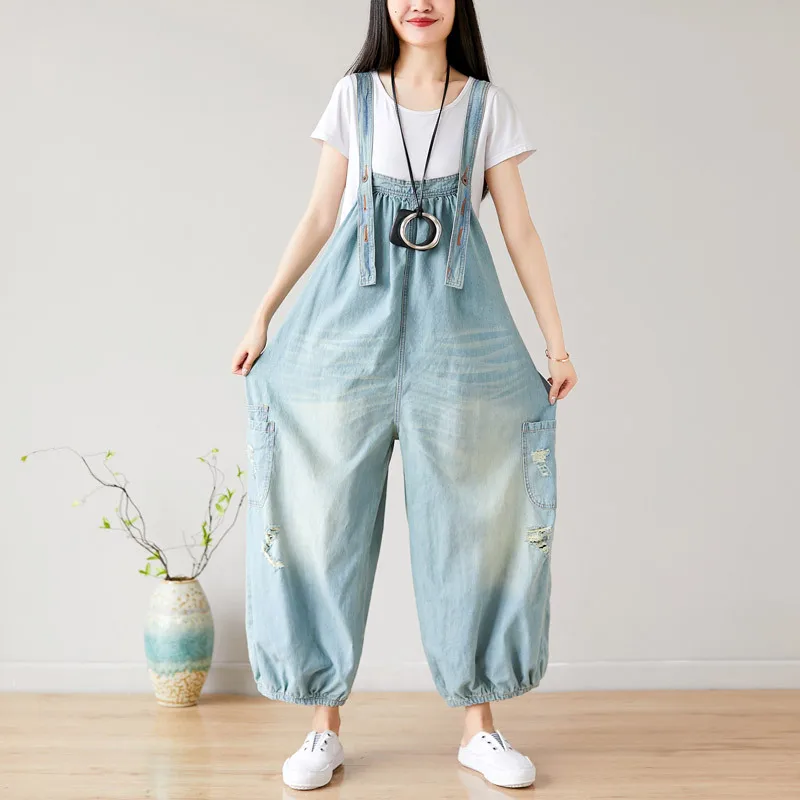 Women Cargo Jumpsuits Baggy Casual Pocket Vintage Denim Overalls Hip