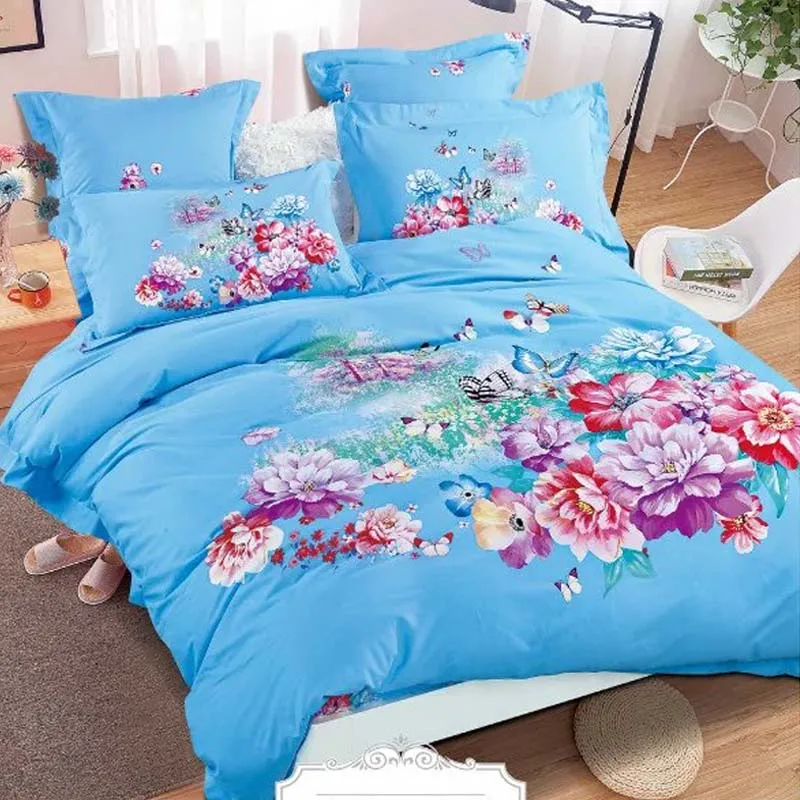 3D زهرة و فراشة الوردي والأزرق طقم سرير الملكة حجم لحاف غطاء Bedlinens القطن النسيج أربعة قطعة كيت الفتيات نوم مجموعات