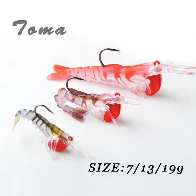 TOMA 3PCS/lot Soft Shrimp Fishing Lures Artificial Shrimp Baits 7g/10g/13g/19g Colors Soft Lure Bionic Bait With Lead Hook