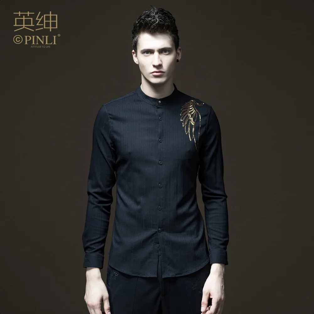 

Free Shipping New Male casual Men's Stripe Slim Sequin Embroidered Long Sleeve Shirt Business Shirts Autumn black B173313097
