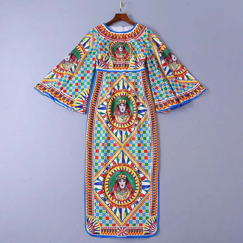 Crayon Perles 2019 Imprimer Manches Longue Robe Haute Flare Fendue Print Nouveau Printemps Plaid Style Qualité B380 Reine Robes Coloré zSMpUV