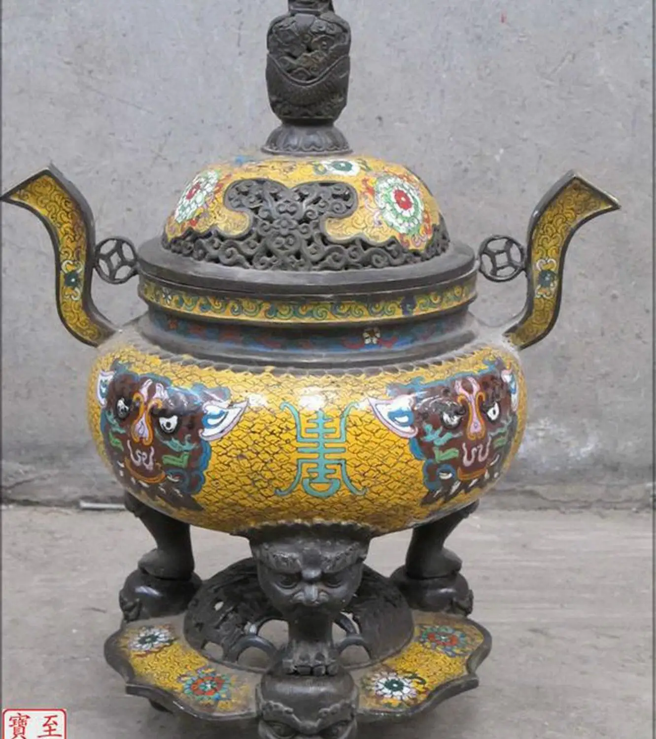 20&quotRoyal Cloisonne 100% palace red bronze Foo Dog Lion Dragon Ding yellow Censer | Дом и сад